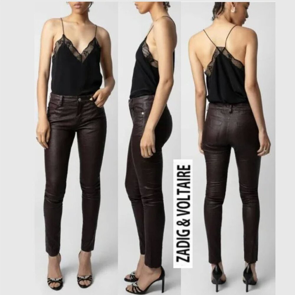 Zadig & Voltaire Phlame Leather Pants Brown Skinny Moto EURO 34